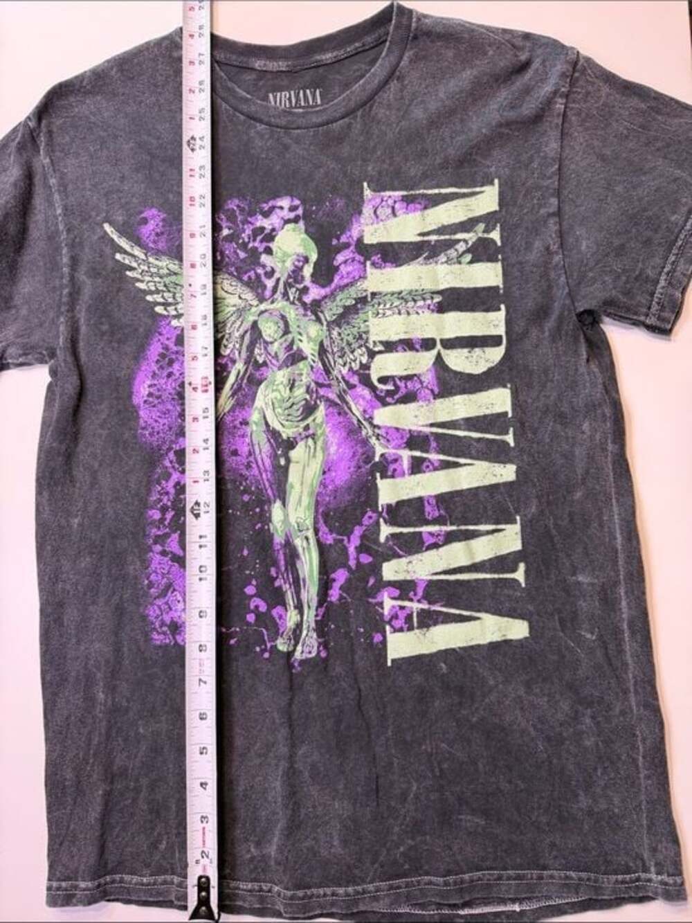 NIRVANA In Utero Acid Wash Black Tee with Purple & Lime Angel Graphic - Picture 7 of 7